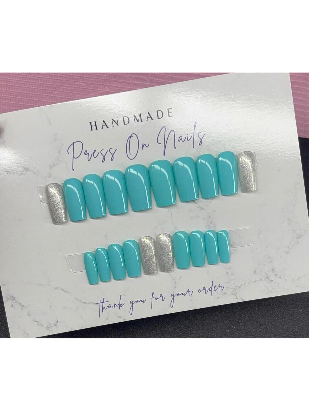 Medium square Press on nails silver glitter teal light blue handmade custom gel
